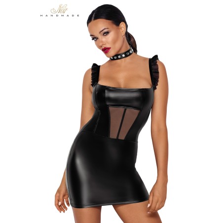 Robe courte wetlook et tulle F257 - Noir Handmade