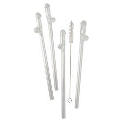 Paille en Verre en Forme de Pénis avec Brosse de Nettoyage Willy - 4 pièces
