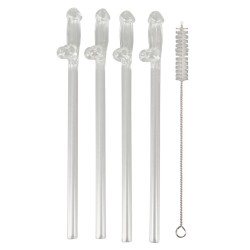 Paille en Verre en Forme de Pénis avec Brosse de Nettoyage Willy - 4 pièces