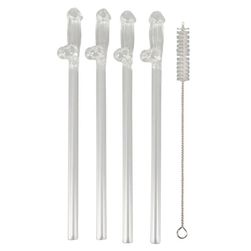 Paille en Verre en Forme de Pénis avec Brosse de Nettoyage Willy - 4 pièces