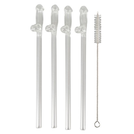 Paille en Verre en Forme de Pénis avec Brosse de Nettoyage Willy - 4 pièces