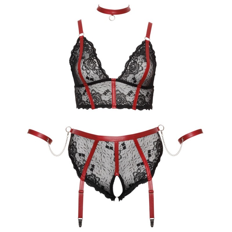 Ensemble Soutien-gorge, slip à jarretelles ouvert, collier et 2 bracelets- Cottelli BONDAGE PLUS - XL