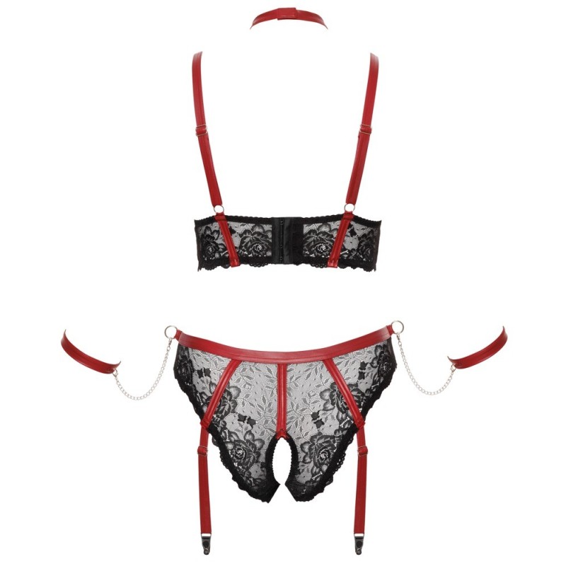 Ensemble Soutien-gorge, slip à jarretelles ouvert, collier et 2 bracelets- Cottelli BONDAGE PLUS - XL