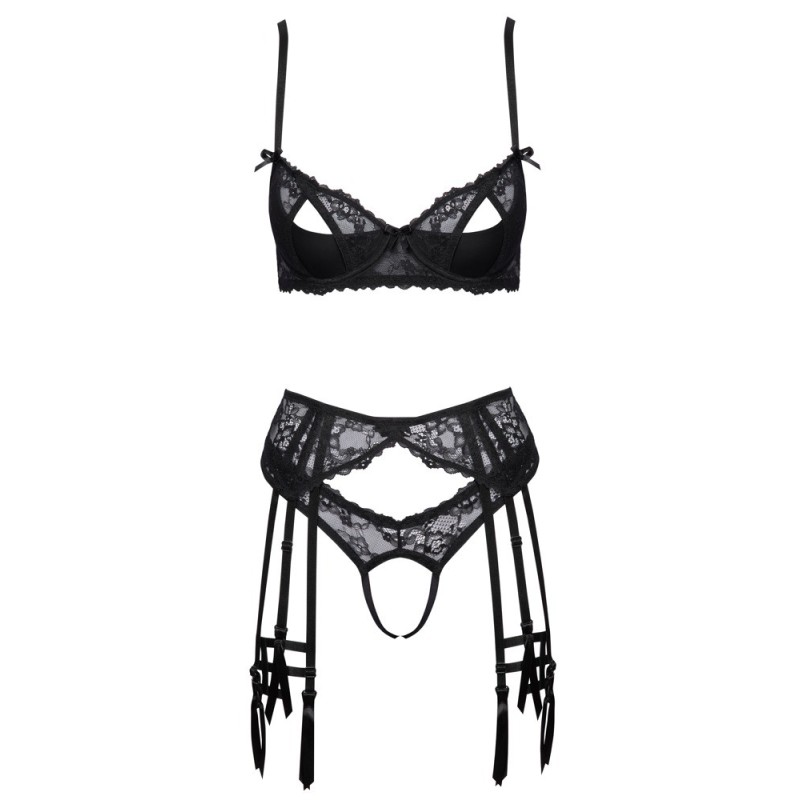 Ensemble jarretelles noir avec soutien-gorge, porte-jarretelles, string  et jarretelles- de Cottelli LINGERIE- taille S