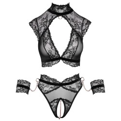 Ensemble noir de Cottelli BONDAGE avec soutien-gorge, slip ouvert et deux menottes douces Taille S
