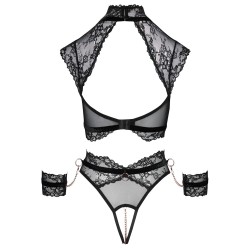 Ensemble noir de Cottelli BONDAGE avec soutien-gorge, slip ouvert et deux menottes douces Taille S