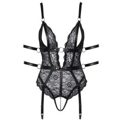 Body en dentelle ouvert de Cottelli BONDAGE avec 2 jarretelles amovibles et 4 liens de fixation.