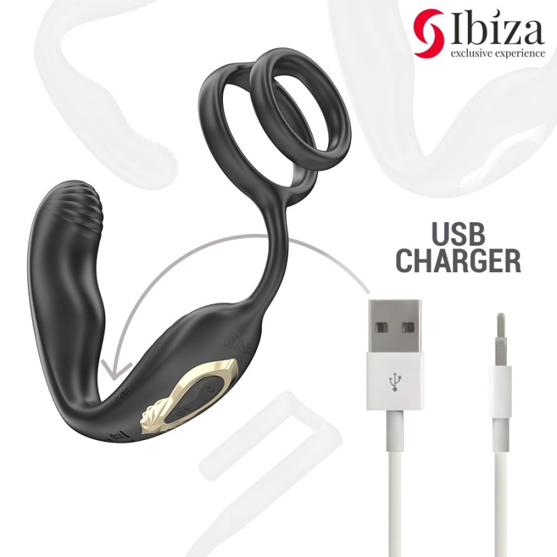 Plug anal rotatif télécommandé WIGGLE avec vibrations périnéales et anneaux rehaussant le pénis- IBIZA -