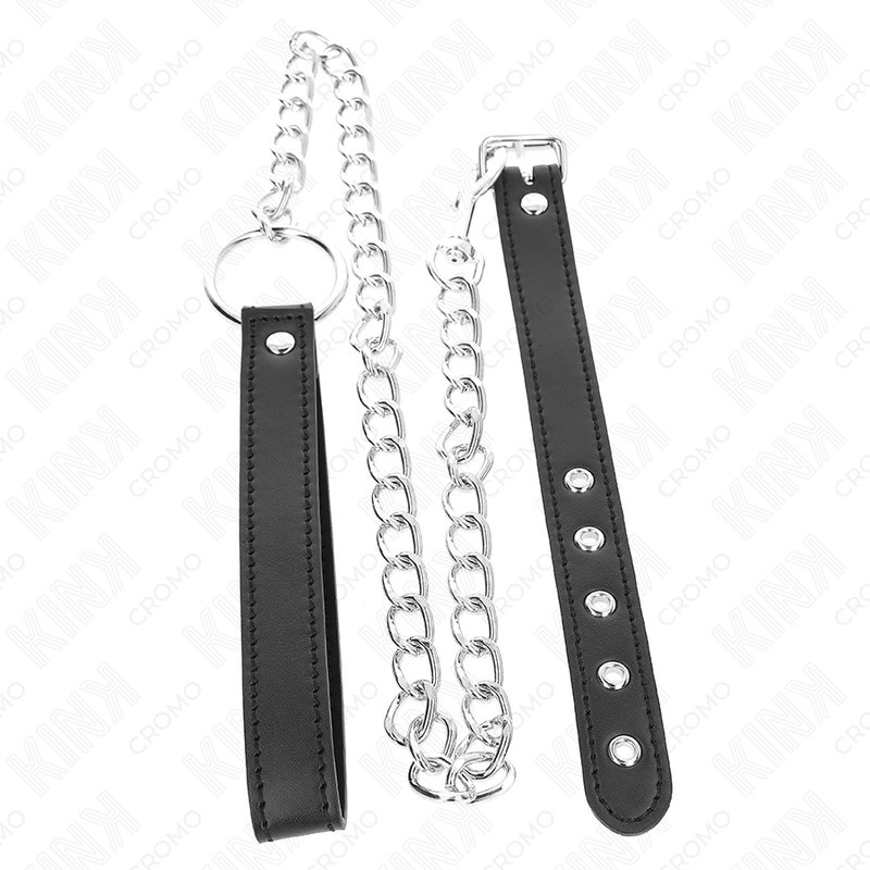 ANNEAU PÉNIS EN CUIR 21,5 X 2 CM AVEC CHAÎNE EN MÉTAL DE 60 CM ET SANGLE EN CUIR - KINK -