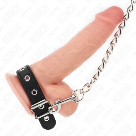 ANNEAU PÉNIS EN CUIR 21,5 X 2 CM AVEC CHAÎNE EN MÉTAL DE 60 CM ET SANGLE EN CUIR - KINK -