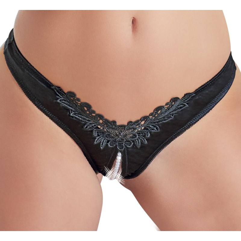Slip soyeux ouvert avec un collier de perles