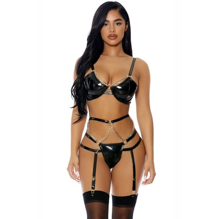 J Lingerie - Ensemble 3 pièces à jarretelles en faux cuir