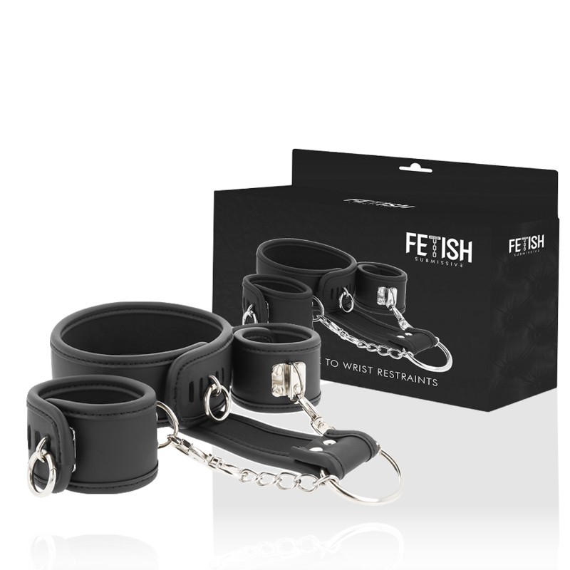 FETISH SUBMISSIVE - COLLIER ET MENOTTES EN CUIR VÉGAN AVEC DOUBLURE