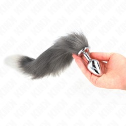 KINK - PLUG ANAL TAILLE S 7 X 3 CM AVEC QUEUE SYNTHÉTIQUE 40 CM GRIS ET BLANC