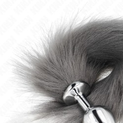 KINK - PLUG ANAL  TAILLE L 10 X 4 CM   AVEC QUEUE SYNTHÉTIQUE 40 CM GRIS ET BLANC