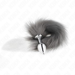 KINK - PLUG ANAL  TAILLE L 10 X 4 CM   AVEC QUEUE SYNTHÉTIQUE 40 CM GRIS ET BLANC